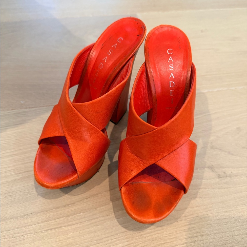 Casadei Bright Orange Leather Crisscross Block Heel Mules